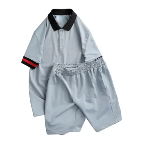 Set bộ nam áo thun cổ bẻ sọc tay phối quần short thun big size