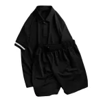Set bộ nam áo thun cổ bẻ sọc tay phối quần short thun big size