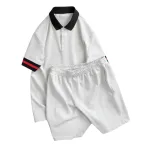 Set bộ nam áo thun cổ bẻ sọc tay phối quần short thun big size