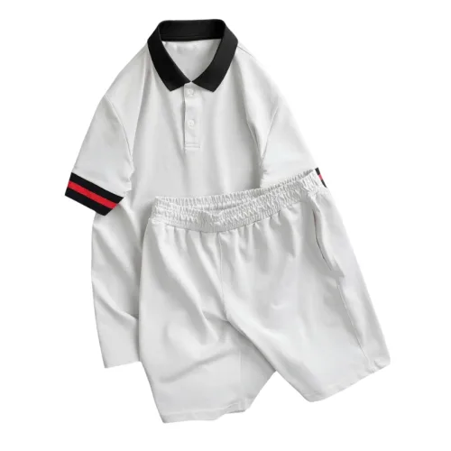 Set bộ nam áo thun cổ bẻ sọc tay phối quần short thun big size