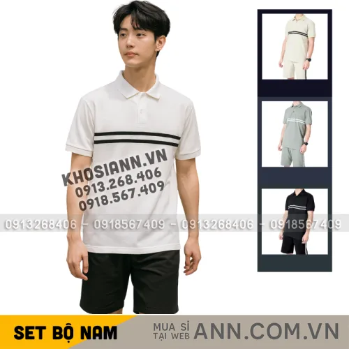 Nơi lấy sỉ set Bộ Nam Áo Thun Cổ Bẻ Phối Sọc Trước Ngực + Quần Short Thun (Big Size)