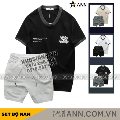 Chỗ sỉ set Bộ Nam Áo Thun Cổ Tròn In Chữ Enjoy The Process + Quần Short Thun Thể Thao Cao Cấp