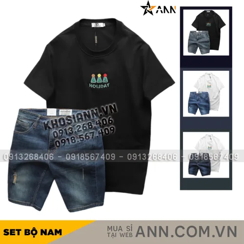 Bộ nam áo thun cổ tròn chữ Holiday cùng quần short jeans co giãn