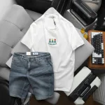 Bộ nam áo thun cổ tròn chữ Holiday cùng quần short jeans co giãn