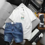 Bộ nam áo thun cổ tròn chữ Holiday cùng quần short jeans co giãn