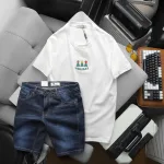 Bộ nam áo thun cổ tròn chữ Holiday cùng quần short jeans co giãn