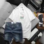 Bộ nam áo thun cổ tròn chữ Holiday cùng quần short jeans co giãn