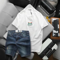 Bộ nam áo thun cổ tròn chữ Holiday cùng quần short jeans co giãn