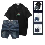 Bộ nam áo thun cổ tròn chữ Holiday cùng quần short jeans co giãn