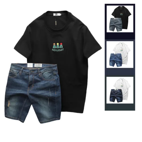 Bộ nam áo thun cổ tròn chữ Holiday cùng quần short jeans co giãn