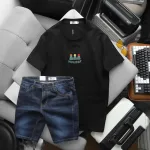 Bộ nam áo thun cổ tròn chữ Holiday cùng quần short jeans co giãn