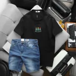 Bộ nam áo thun cổ tròn chữ Holiday cùng quần short jeans co giãn