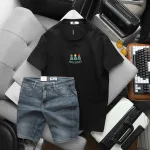 Bộ nam áo thun cổ tròn chữ Holiday cùng quần short jeans co giãn