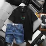 Bộ nam áo thun cổ tròn chữ Holiday cùng quần short jeans co giãn
