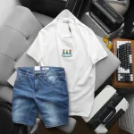 Bộ nam áo thun cổ tròn chữ Holiday cùng quần short jeans co giãn