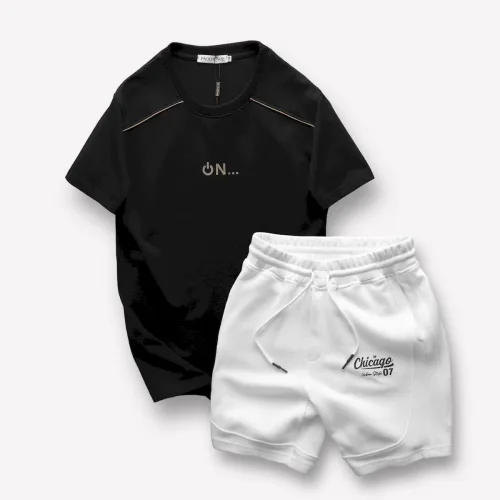 Shop sỉ set Bộ Nam Áo Thun Cổ Tròn Logo Chữ Nổi Quần Short Thun In Chữ Chicago