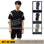 Bộ Nam Áo Thun Cổ Tròn Phối Sọc Màu Kèm Quần Short Big Size