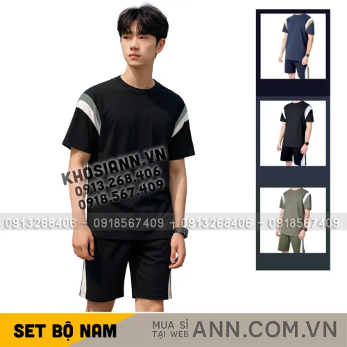Bộ Nam Áo Thun Cổ Tròn Phối Sọc Màu Kèm Quần Short Big Size