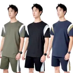 Bộ Nam Áo Thun Cổ Tròn Phối Sọc Màu Kèm Quần Short Big Size