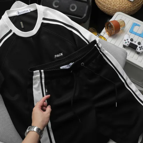 Chuyên sỉ set Bộ Nam Áo Thun Cổ Tròn Phối Sọc Vai Áo Và Thêu Chữ Pack Trước Ngực + Quần Short Thun Nam Phối Sọc Hai Bên Quần Có Big Size
