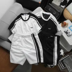 Chuyên sỉ set Bộ Nam Áo Thun Cổ Tròn Phối Sọc Vai Áo Và Thêu Chữ Pack Trước Ngực + Quần Short Thun Nam Phối Sọc Hai Bên Quần Có Big Size
