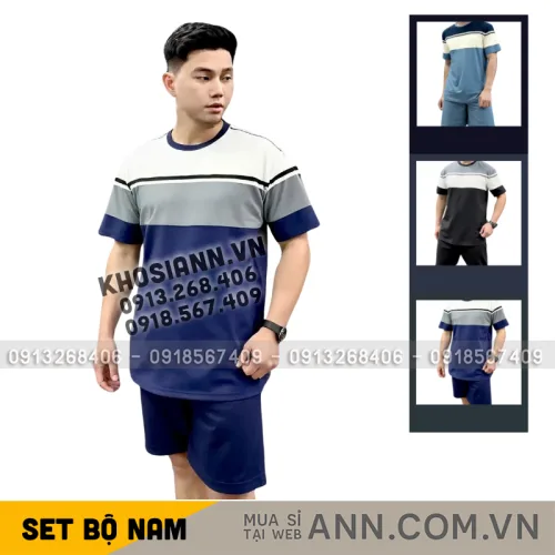 Chuyên sỉ set Bộ Nam Áo Thun Cổ Tròn Tay Ngắn Phối Sọc Màu + Quần Short Thun Thể Thao Cao Cấp (Big Size)