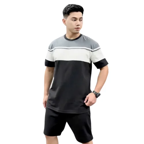 Chuyên sỉ set Bộ Nam Áo Thun Cổ Tròn Tay Ngắn Phối Sọc Màu + Quần Short Thun Thể Thao Cao Cấp (Big Size)