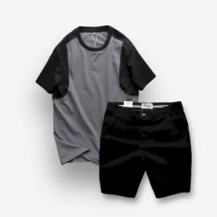 Chỗ sỉ set Bộ Nam Áo Thun Cổ Tròn Tay Phối Màu Quần Short Kaki Rurumen Cao Cấp