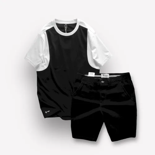 Chỗ sỉ set Bộ Nam Áo Thun Cổ Tròn Tay Phối Màu Quần Short Kaki Rurumen Cao Cấp