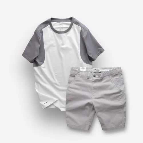 Chỗ sỉ set Bộ Nam Áo Thun Cổ Tròn Tay Phối Màu Quần Short Kaki Rurumen Cao Cấp