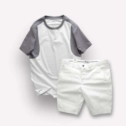 Chỗ sỉ set Bộ Nam Áo Thun Cổ Tròn Tay Phối Màu Quần Short Kaki Rurumen Cao Cấp