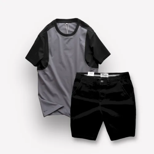 Chỗ sỉ set Bộ Nam Áo Thun Cổ Tròn Tay Phối Màu Quần Short Kaki Rurumen Cao Cấp