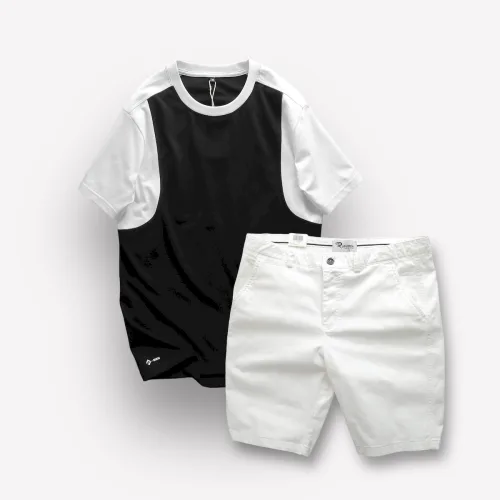 Chỗ sỉ set Bộ Nam Áo Thun Cổ Tròn Tay Phối Màu Quần Short Kaki Rurumen Cao Cấp