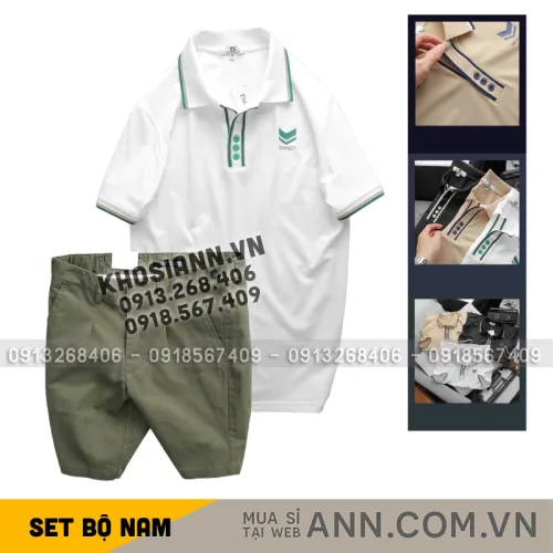 Set nam Pack Horse polo cổ bẻ logo Prefect và short kaki Size 36