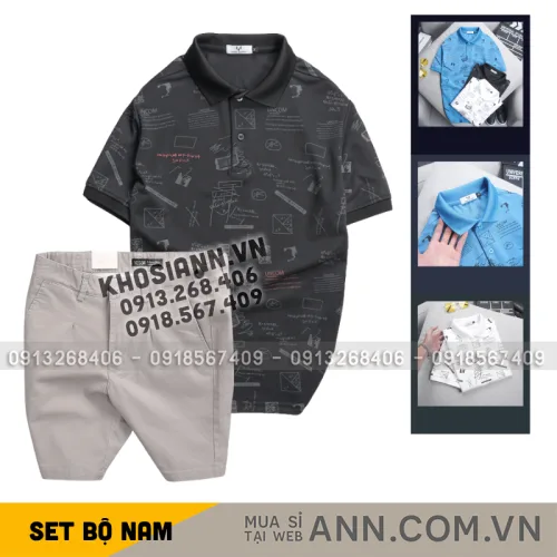 Set nam áo polo cổ bẻ in họa tiết phối quần short kaki co giãn, size 36