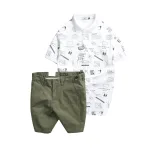 Set nam áo polo cổ bẻ in họa tiết phối quần short kaki co giãn, size 36