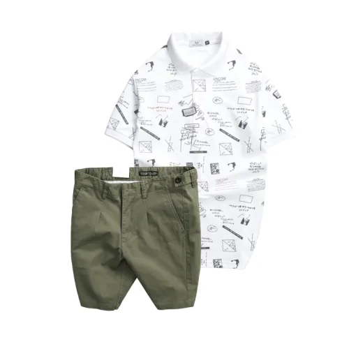 Set nam áo polo cổ bẻ in họa tiết phối quần short kaki co giãn, size 36