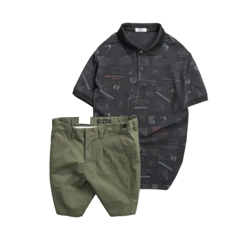 Set nam áo polo cổ bẻ in họa tiết phối quần short kaki co giãn, size 36