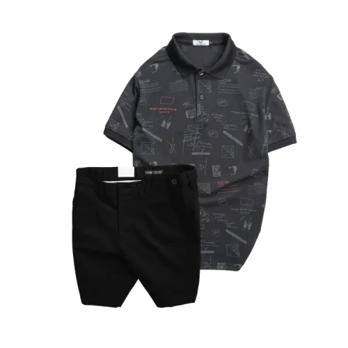 Set nam áo polo cổ bẻ in họa tiết phối quần short kaki co giãn, size 36