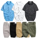 Set nam áo polo cổ bẻ in họa tiết phối quần short kaki co giãn, size 36