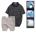 Set nam áo polo cổ bẻ in họa tiết phối quần short kaki co giãn, size 36