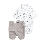Set nam áo polo cổ bẻ in họa tiết phối quần short kaki co giãn, size 36