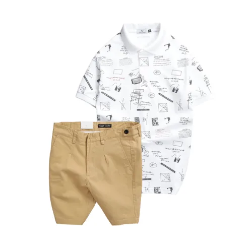 Set nam áo polo cổ bẻ in họa tiết phối quần short kaki co giãn, size 36