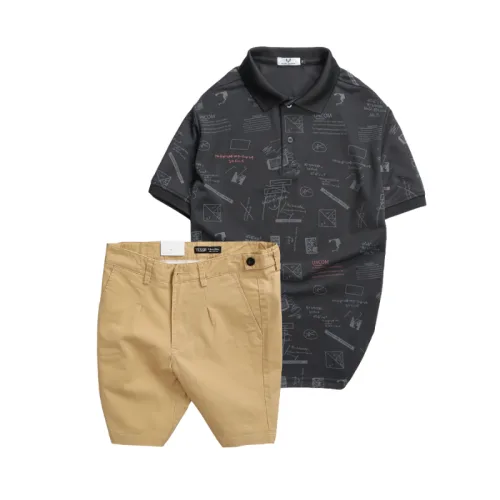 Set nam áo polo cổ bẻ in họa tiết phối quần short kaki co giãn, size 36