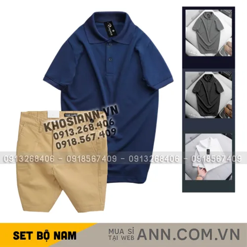 Set nam áo polo cổ bẻ trơn và quần short kaki phối nút, size 36