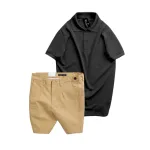 Set nam áo polo cổ bẻ trơn và quần short kaki phối nút, size 36
