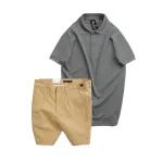 Set nam áo polo cổ bẻ trơn và quần short kaki phối nút, size 36