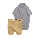 Set nam áo polo cổ bẻ trơn và quần short kaki phối nút, size 36