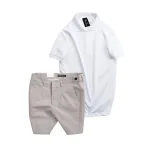 Set nam áo polo cổ bẻ trơn và quần short kaki phối nút, size 36