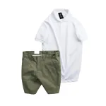Set nam áo polo cổ bẻ trơn và quần short kaki phối nút, size 36
